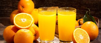 апельсиновый сок в стаканах, рядом лежат апельсины
