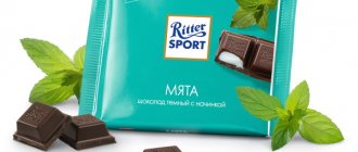 Ritter Sport (Риттер Спорт) с мятой. Состав, калорийность, отзывы