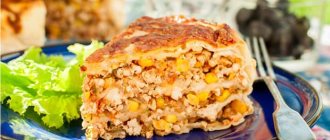 треугольный кусочек запеканки с курицей, овощами и кукурузой на тарелке с листьями салата